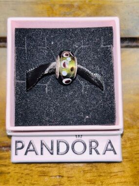 Authentic Pandora Black and Green Glass Charm Bead with Pink Accents (Retired).
